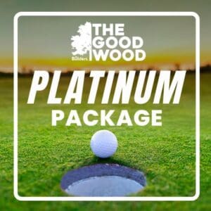 A promotional image for the Platinum Golf Package by The Good Wood Builders. The image features a close-up of a golf ball about to drop into the hole on a green golf course, with text overlay describing the package.